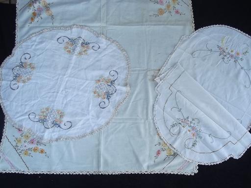 photo of vintage embroidered linens w/ crochet lace, tablecloths and table runners #2