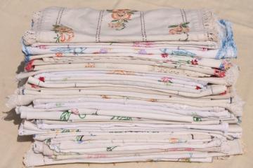 catalog photo of vintage embroidered linens, huge lot of table runners w/ embroidery & crochet lace