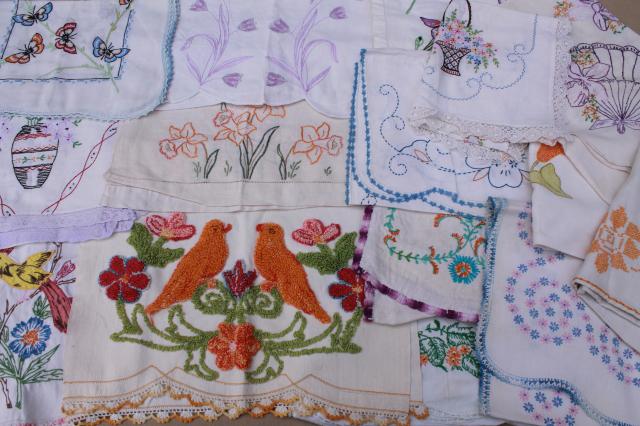 photo of vintage embroidered linens, towels & table runners w/ embroidery - flowers, birds, butterflies #1