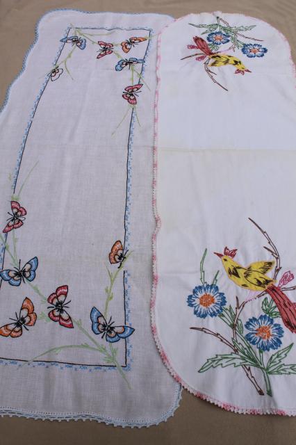 photo of vintage embroidered linens, towels & table runners w/ embroidery - flowers, birds, butterflies #11