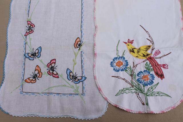 photo of vintage embroidered linens, towels & table runners w/ embroidery - flowers, birds, butterflies #12