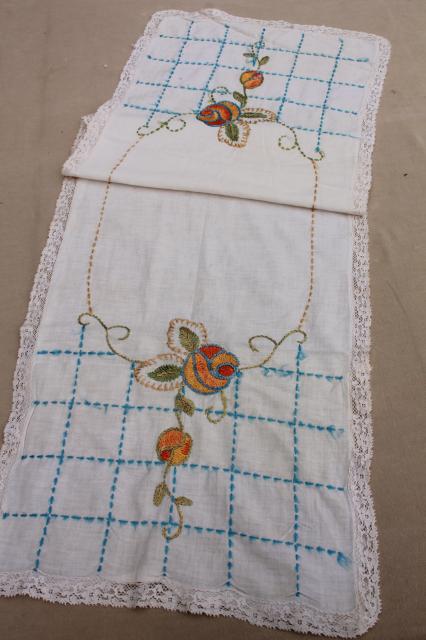 photo of vintage embroidered linens, towels & table runners w/ embroidery - flowers, birds, butterflies #13