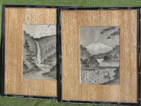 photo of vintage embroidered silk pictures, old Japan scenes in black bamboo frames #1