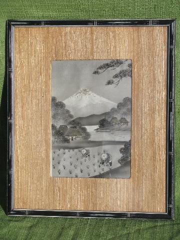 photo of vintage embroidered silk pictures, old Japan scenes in black bamboo frames #4