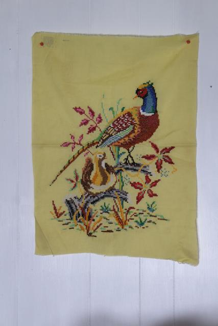 photo of vintage embroidered wall hanging picture, pair of pheasants, rustic game birds #1