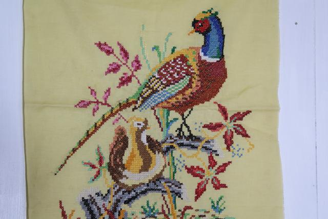 photo of vintage embroidered wall hanging picture, pair of pheasants, rustic game birds #2