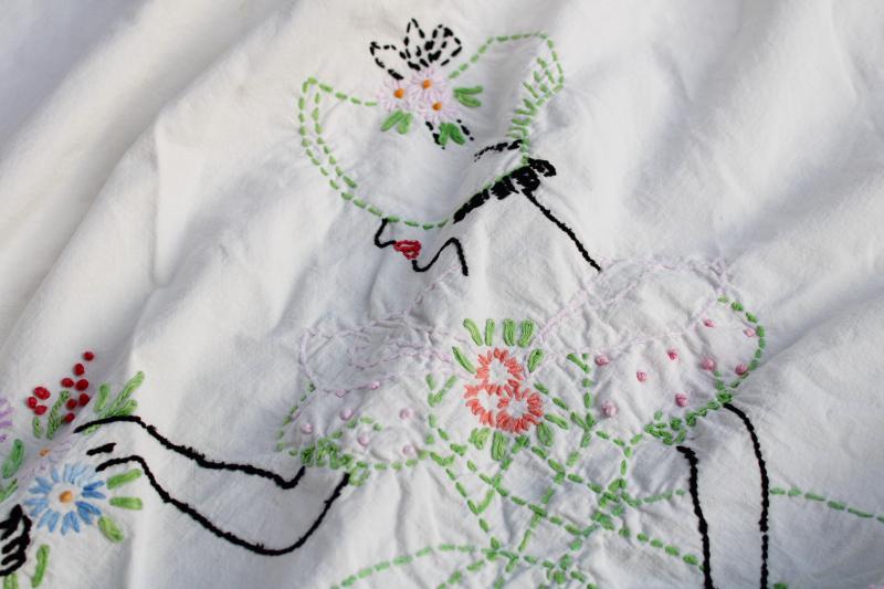 photo of vintage embroidery, hand embroidered cotton bedspread w/ sunbonnet lady belles #6