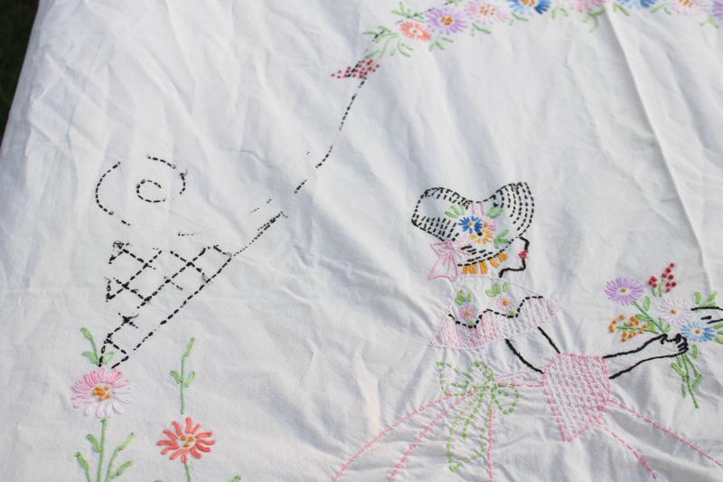 photo of vintage embroidery, hand embroidered cotton bedspread w/ sunbonnet lady belles #8