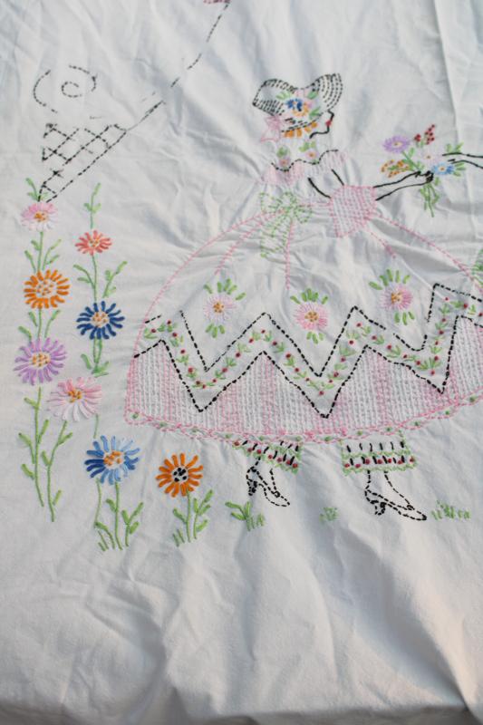 photo of vintage embroidery, hand embroidered cotton bedspread w/ sunbonnet lady belles #11