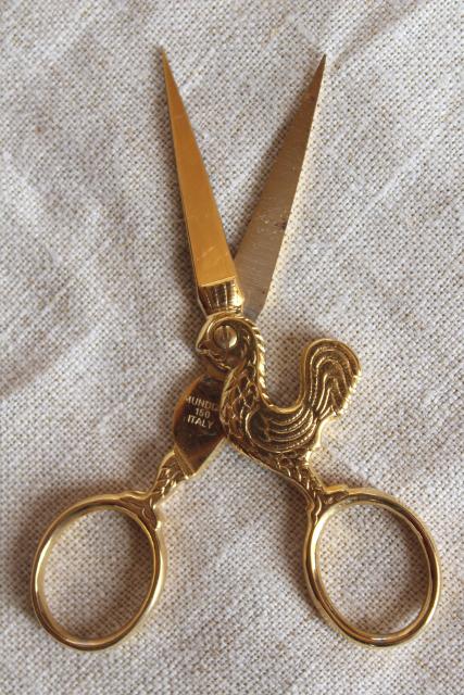 photo of vintage embroidery scissors, Mundial Italy gold plated rooster small snips #1