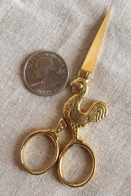 photo of vintage embroidery scissors, Mundial Italy gold plated rooster small snips #3