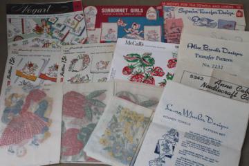 catalog photo of vintage embroidery transfers lot, Vogart colored iron-on transfers etc.