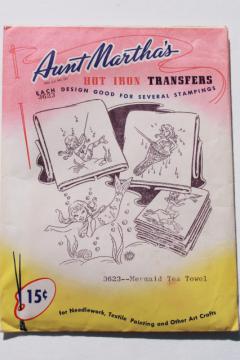 catalog photo of vintage embroidery transfers, retro mermaids - Aunt Martha's hot iron on transfers