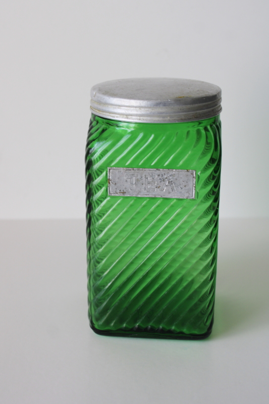photo of vintage emerald green depression glass Tea canister, spiral rib pattern Hoosier jar w/ lid  #1