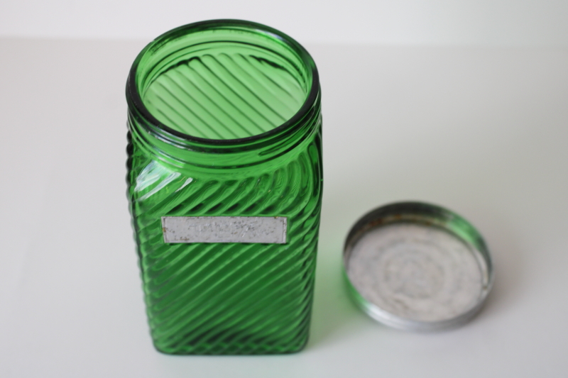 photo of vintage emerald green depression glass Tea canister, spiral rib pattern Hoosier jar w/ lid #2