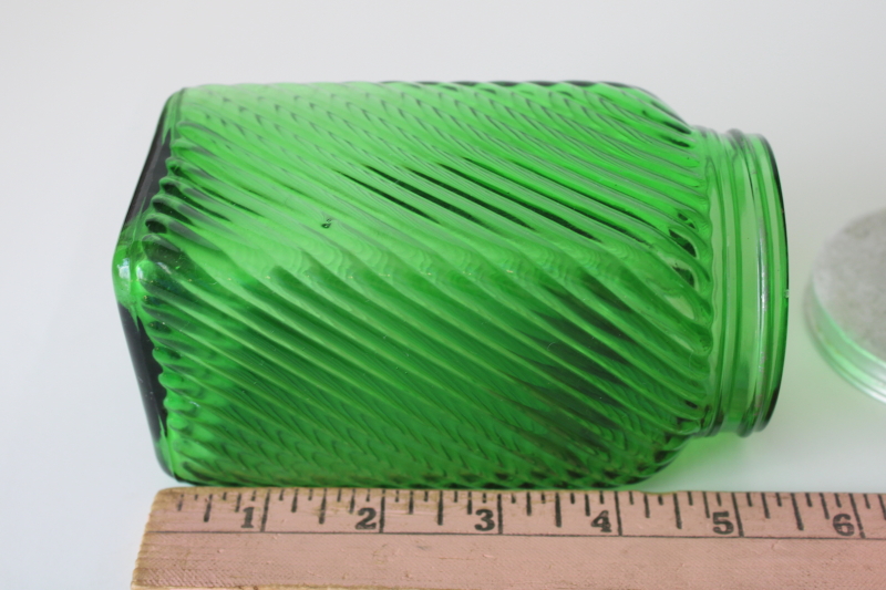 photo of vintage emerald green depression glass Tea canister, spiral rib pattern Hoosier jar w/ lid #6