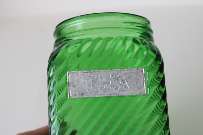 photo of vintage emerald green depression glass Tea canister, spiral rib pattern Hoosier jar w/ lid #7