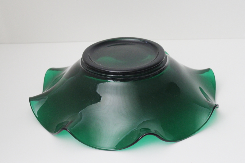 photo of vintage emerald green glass centerpiece console bowl, large ruffled shape #3