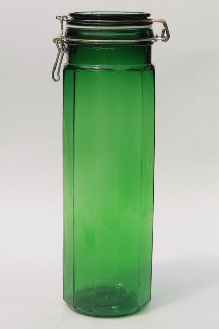 photo of vintage emerald green glass kitchen canister, tall spaghetti jar, 80s retro #1