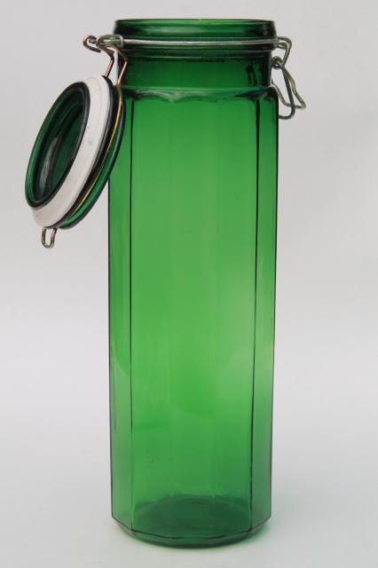 photo of vintage emerald green glass kitchen canister, tall spaghetti jar, 80s retro #2