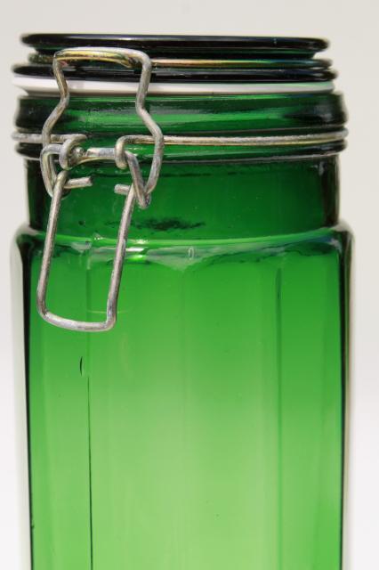 photo of vintage emerald green glass kitchen canister, tall spaghetti jar, 80s retro #3