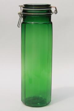 catalog photo of vintage emerald green glass kitchen canister, tall spaghetti jar, 80s retro