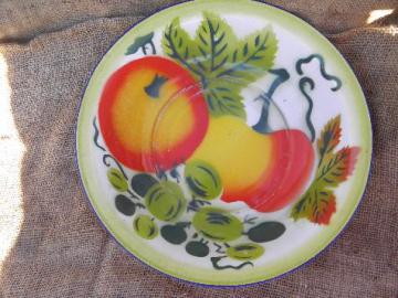 catalog photo of vintage enamel kitchen utility bowl, painted w/ bright fruit pattern