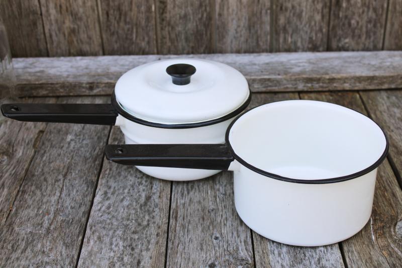 photo of vintage enamel ware, white w/ black trim double boiler stacking pans w/ lid #1