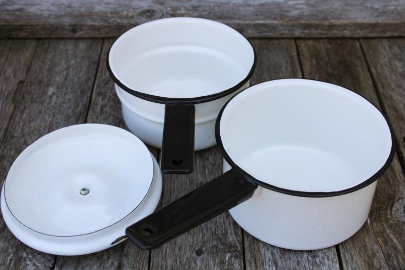 photo of vintage enamel ware, white w/ black trim double boiler stacking pans w/ lid #2