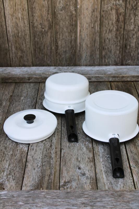 photo of vintage enamel ware, white w/ black trim double boiler stacking pans w/ lid #4