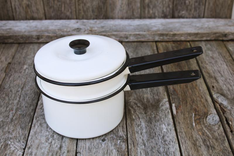 photo of vintage enamel ware, white w/ black trim double boiler stacking pans w/ lid #5