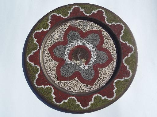 photo of vintage enameled brass India peacock plate or serving tray #1