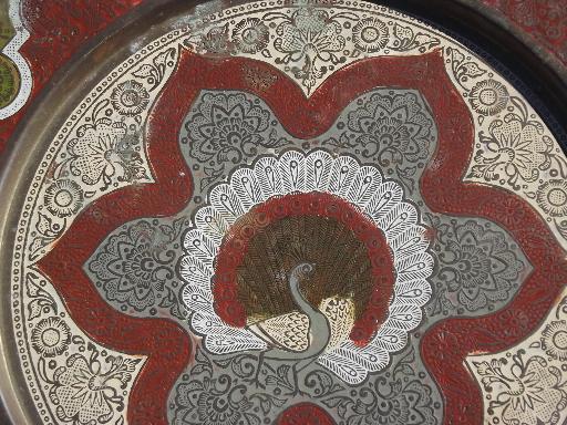 photo of vintage enameled brass India peacock plate or serving tray #3