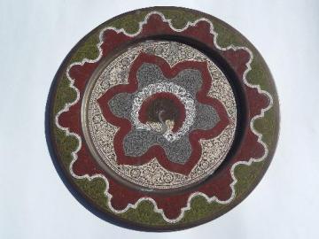 catalog photo of vintage enameled brass India peacock plate or serving tray