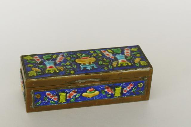 photo of vintage enameled brass box made in China, pocket spice box, snuff box, coin holder? #1