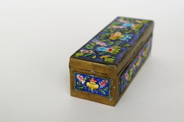 photo of vintage enameled brass box made in China, pocket spice box, snuff box, coin holder? #7