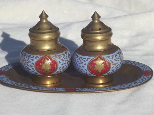 photo of vintage enameled brass salt & pepper shakers & tray, solid brass w/ enamel #1