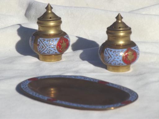 photo of vintage enameled brass salt & pepper shakers & tray, solid brass w/ enamel #2