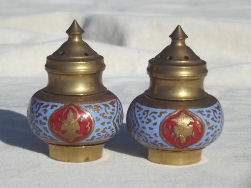 photo of vintage enameled brass salt & pepper shakers & tray, solid brass w/ enamel #3