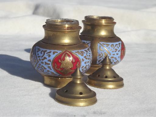 photo of vintage enameled brass salt & pepper shakers & tray, solid brass w/ enamel #4