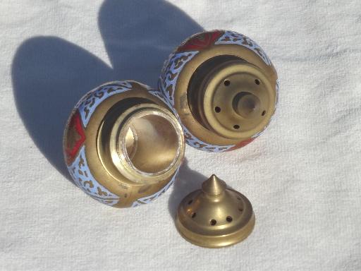 photo of vintage enameled brass salt & pepper shakers & tray, solid brass w/ enamel #5