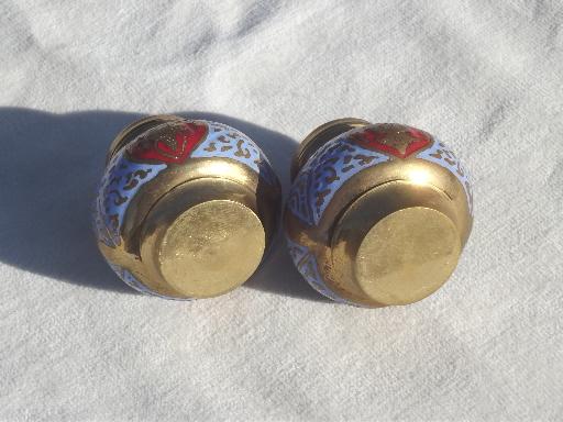 photo of vintage enameled brass salt & pepper shakers & tray, solid brass w/ enamel #6