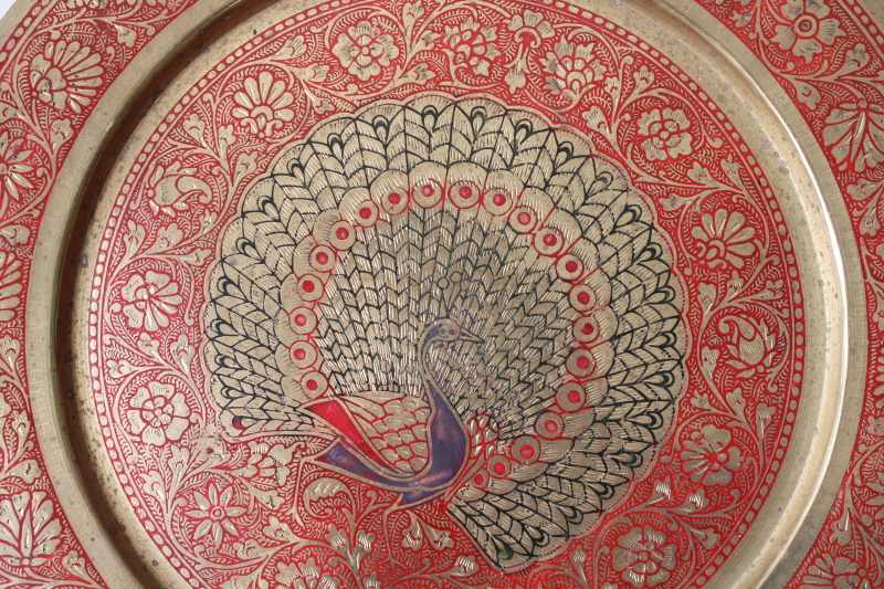 photo of vintage enameled brass tray w/ peacock, solid brass round charger plate boho decor  #2