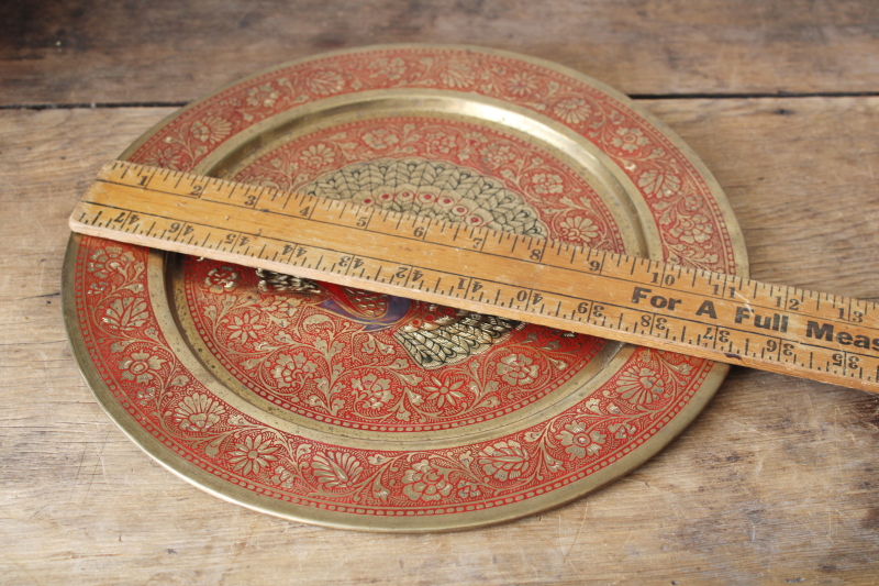 photo of vintage enameled brass tray w/ peacock, solid brass round charger plate boho decor  #3