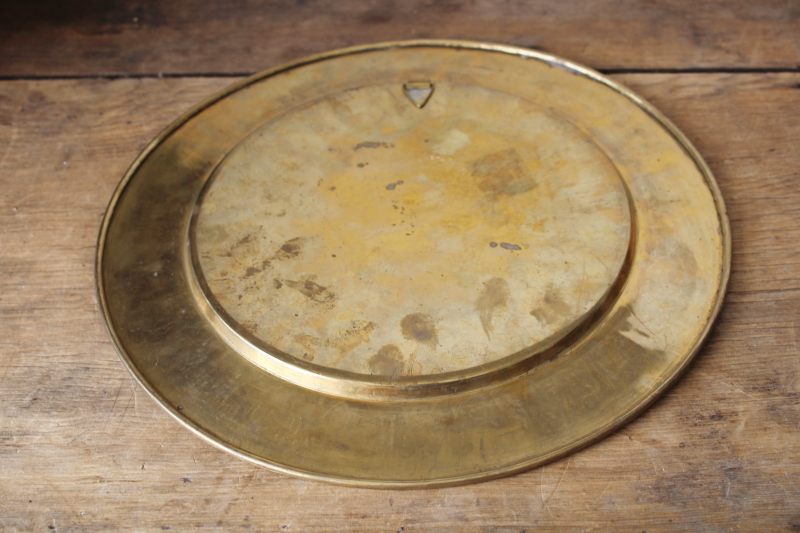 photo of vintage enameled brass tray w/ peacock, solid brass round charger plate boho decor  #4