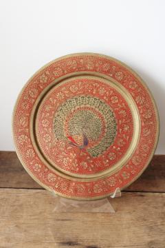 vintage enameled brass tray w/ peacock, solid brass round charger plate boho decor 