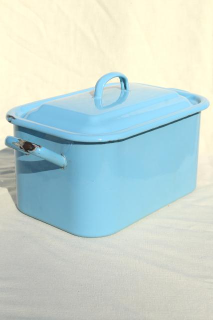 photo of vintage enamelware breadbox french blue enamel metal bread bin box w/ lid #1