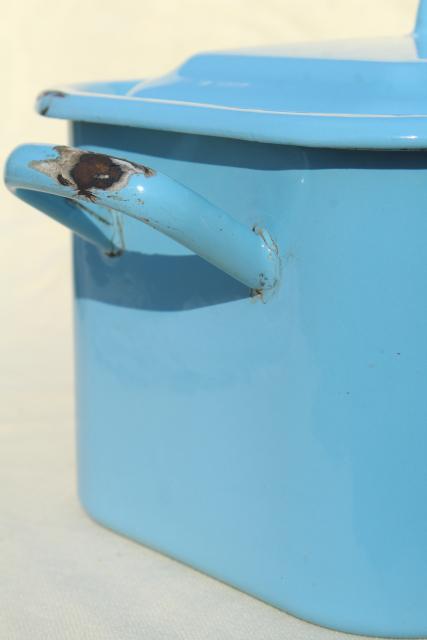 photo of vintage enamelware breadbox french blue enamel metal bread bin box w/ lid #2