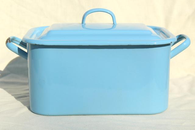 photo of vintage enamelware breadbox french blue enamel metal bread bin box w/ lid #3