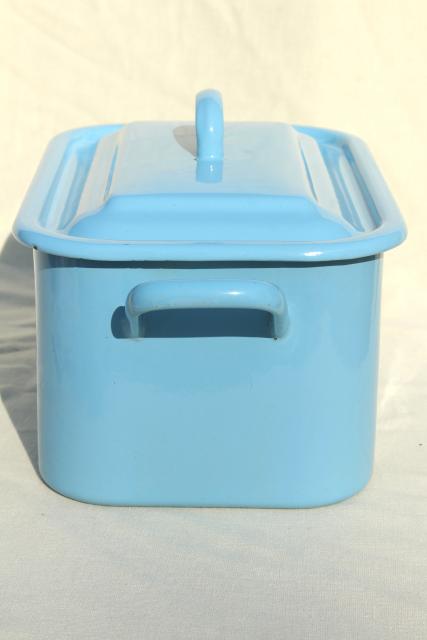 photo of vintage enamelware breadbox french blue enamel metal bread bin box w/ lid #4